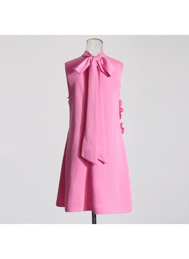 Fashionable Knitted Dress with Stand Collar and 3D Floral Patchwork, Sleeveless Mini Skirt