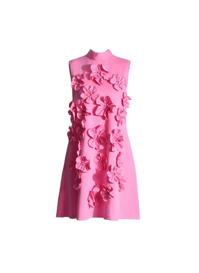 Fashionable Knitted Dress with Stand Collar and 3D Floral Patchwork, Sleeveless Mini Skirt