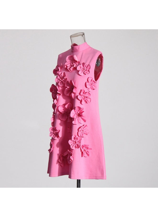 Fashionable Knitted Dress with Stand Collar and 3D Floral Patchwork, Sleeveless Mini Skirt