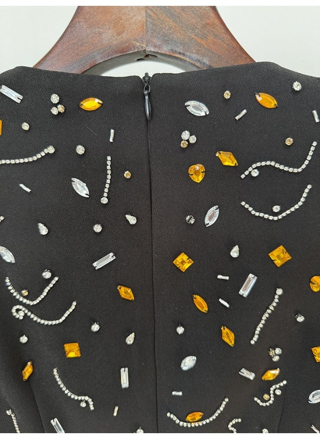 Fashionable Elegant Long Sleeve Mini Dress with Beading and Rhinestones