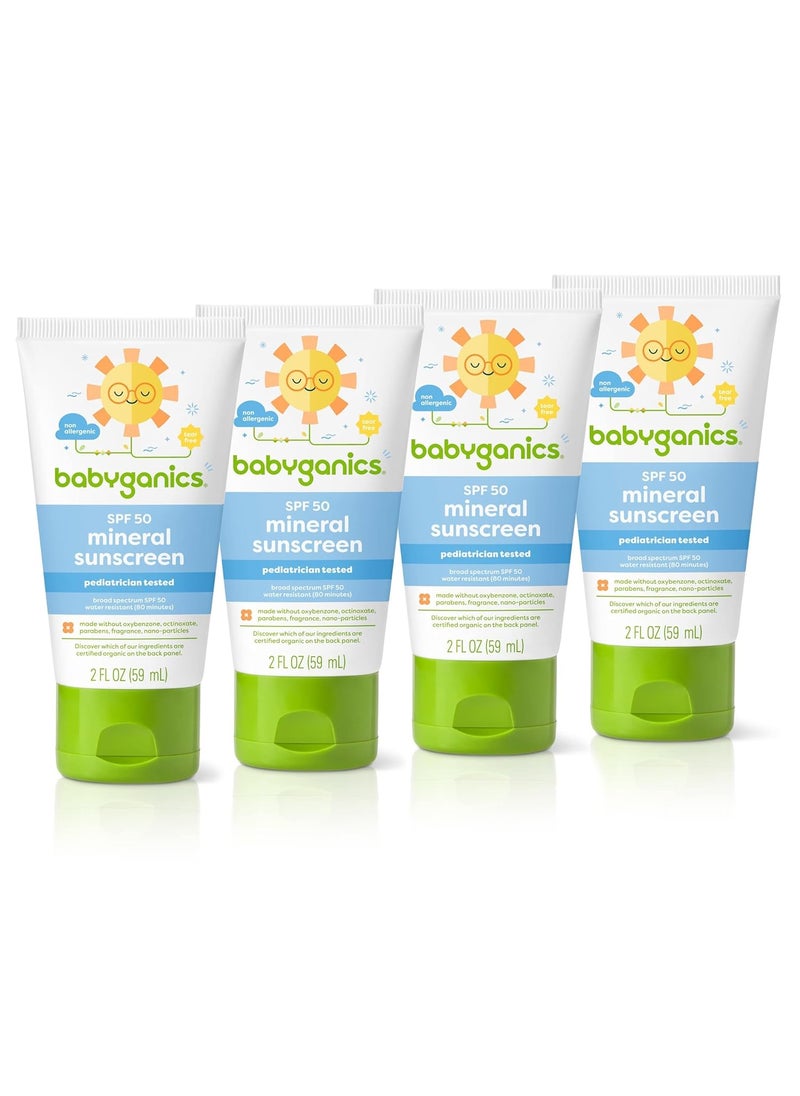 Babyganics SPF 50 Travel Size All Mineral Baby Sunscreen Lotion  UVA UVB Protection  Water Resistant 2 Fl Oz Pack of 4 Packaging May Vary