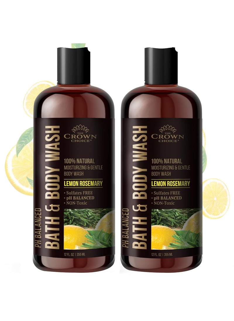 Natural Body Wash for Women, Men & Kids - Organic Lemon Rosemary - 12oz pH 5.5-Best pH Balance-Liquid Soap for All Skin Types-Moisturizing Sulfate & Chemical Free Shower / Bath Liquid Gel (Pack of 2)