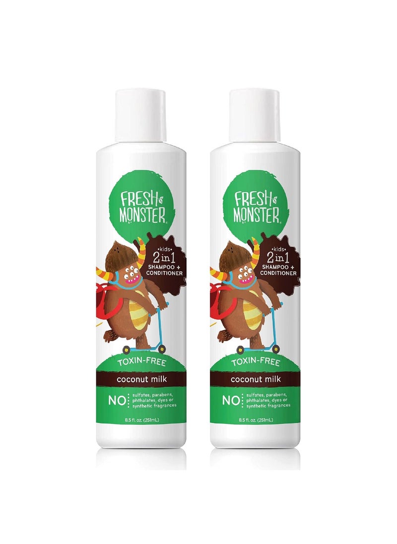 Fresh Monster 2-in-1 Kids Shampoo & Conditioner, Toxin-Free, Hypoallergenic, Tear-free Shampoo & Conditioner for Kids, Coconut (2 Pack, 8.5oz/each)