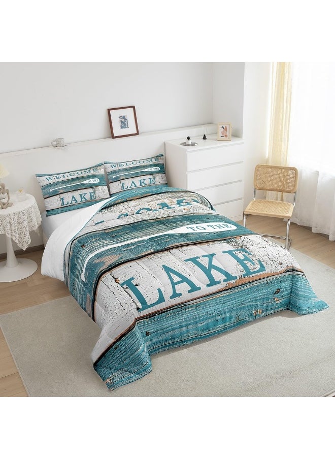 Manfei Rustic Camping Comforter Set Full Size, Lake Theme Quilt Set with 2 Pillowcases, Rustic Farmhouse Style Bedding Set 3pcs for Kids Boys Teens Bedroom Decor, Vintage Board Duvet Set