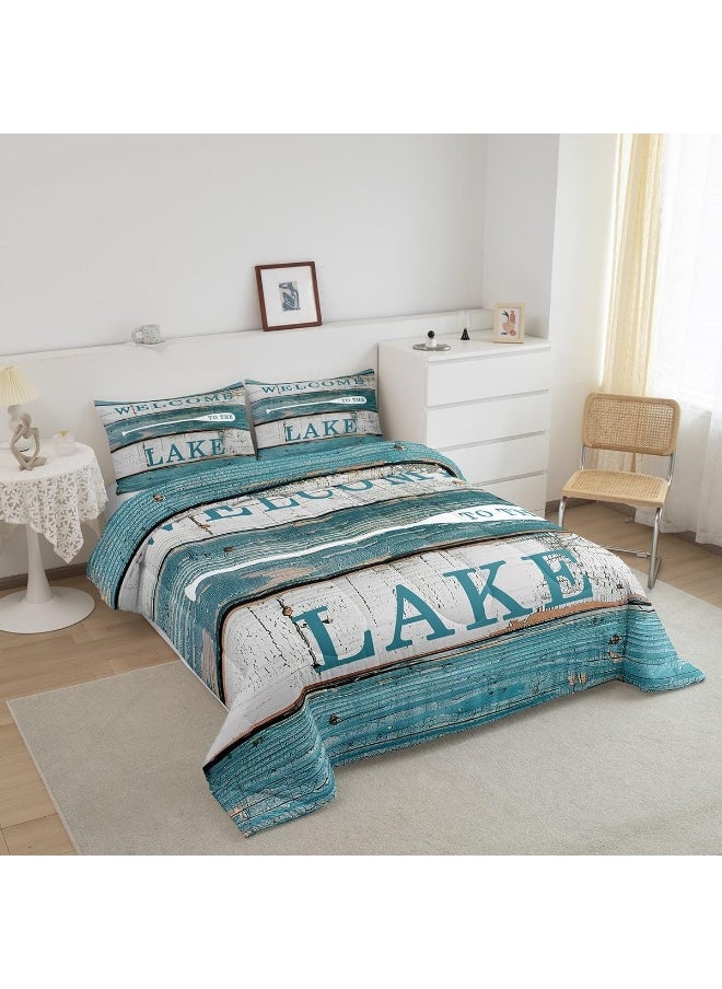 Manfei Rustic Camping Comforter Set Full Size, Lake Theme Quilt Set with 2 Pillowcases, Rustic Farmhouse Style Bedding Set 3pcs for Kids Boys Teens Bedroom Decor, Vintage Board Duvet Set