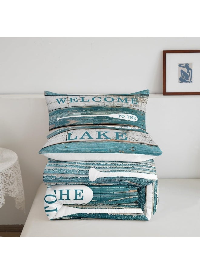Manfei Rustic Camping Comforter Set Full Size, Lake Theme Quilt Set with 2 Pillowcases, Rustic Farmhouse Style Bedding Set 3pcs for Kids Boys Teens Bedroom Decor, Vintage Board Duvet Set