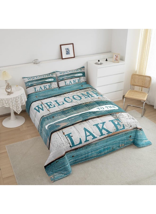 Manfei Rustic Camping Comforter Set Full Size, Lake Theme Quilt Set with 2 Pillowcases, Rustic Farmhouse Style Bedding Set 3pcs for Kids Boys Teens Bedroom Decor, Vintage Board Duvet Set