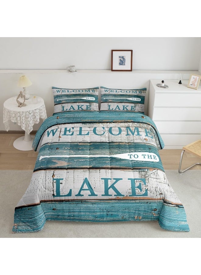 Manfei Rustic Camping Comforter Set Full Size, Lake Theme Quilt Set with 2 Pillowcases, Rustic Farmhouse Style Bedding Set 3pcs for Kids Boys Teens Bedroom Decor, Vintage Board Duvet Set