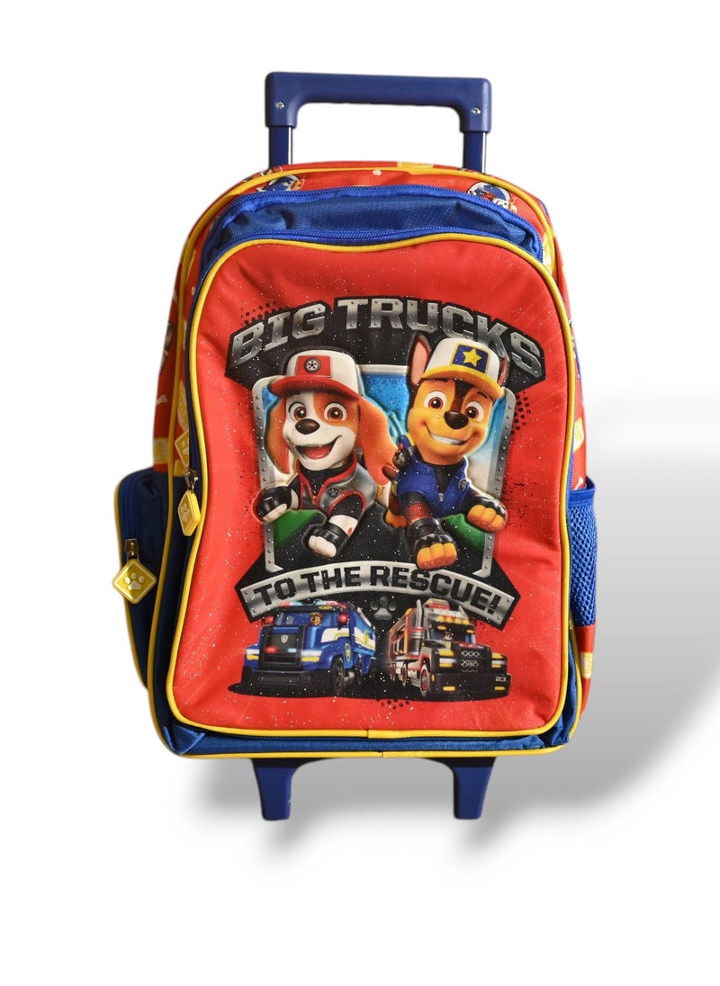 Paw Patrol Big Trucks Rolling Backpack, Kids School Trolley Bag with Wheels, Red and Blue