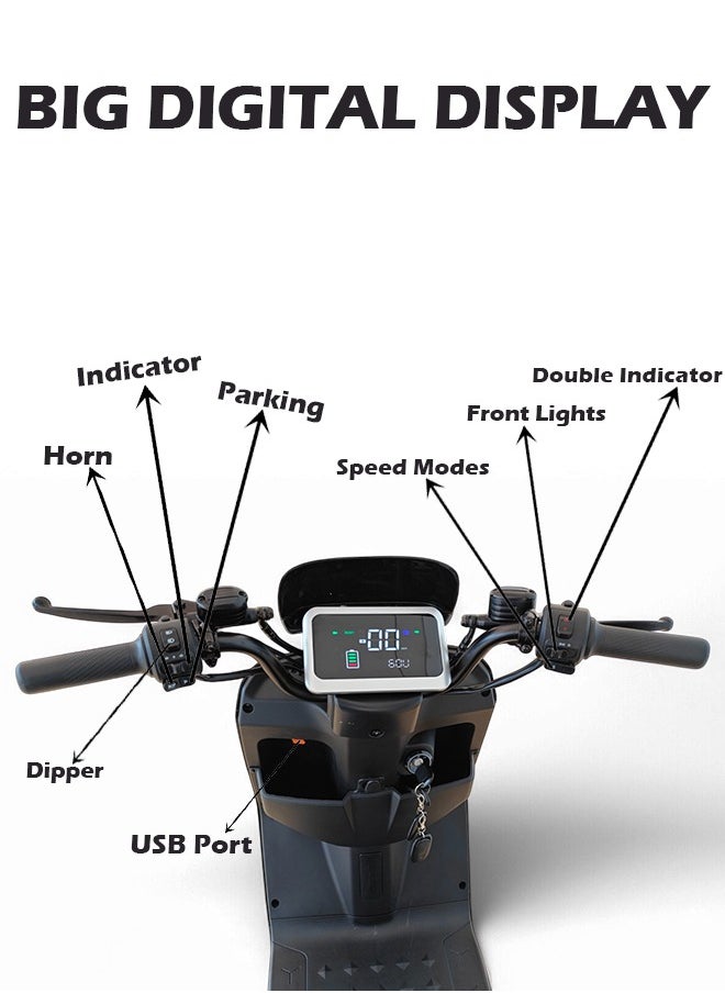 Electric Scooter with 1500W Motor, 60V 20Ah Battery, 60km/h Max Speed, 50km Range, Carbon Alloy Frame, Remote Lock, Under-Seat Storage, 14-Inch Tires, Disc Brakes, 3-Speed Modes