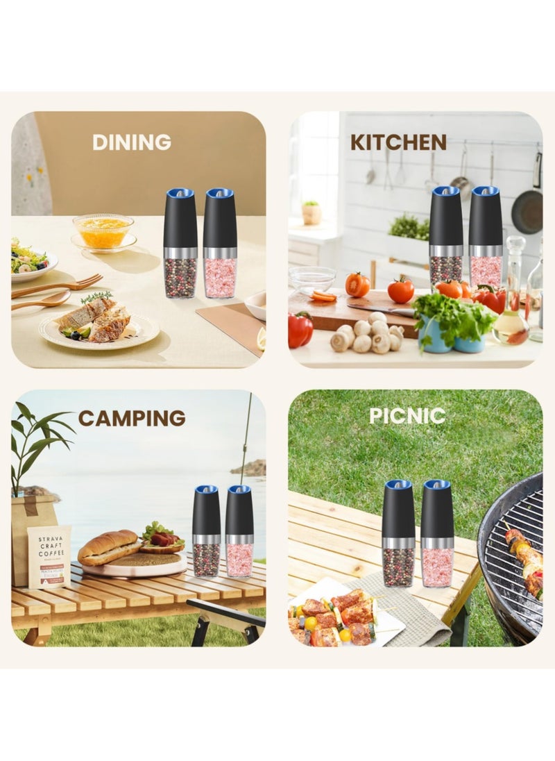 2 Pack Gravity Electric Salt And Pepper Grinder Set, Automatic Salt And Pepper Grinder Set, Battery Powered (6 AAA Batteries Each), Adjustable Roughness, LED Light