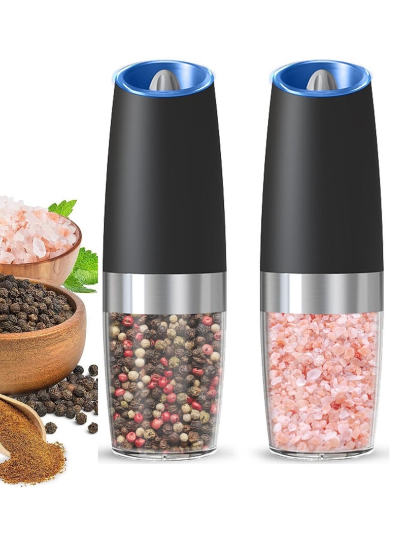 2 Pack Gravity Electric Salt And Pepper Grinder Set, Automatic Salt And Pepper Grinder Set, Battery Powered (6 AAA Batteries Each), Adjustable Roughness, LED Light