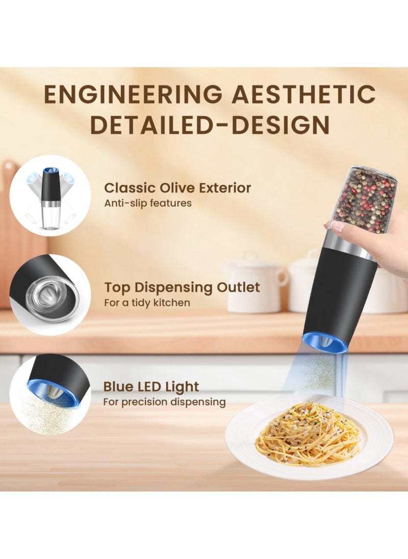 2 Pack Gravity Electric Salt And Pepper Grinder Set, Automatic Salt And Pepper Grinder Set, Battery Powered (6 AAA Batteries Each), Adjustable Roughness, LED Light