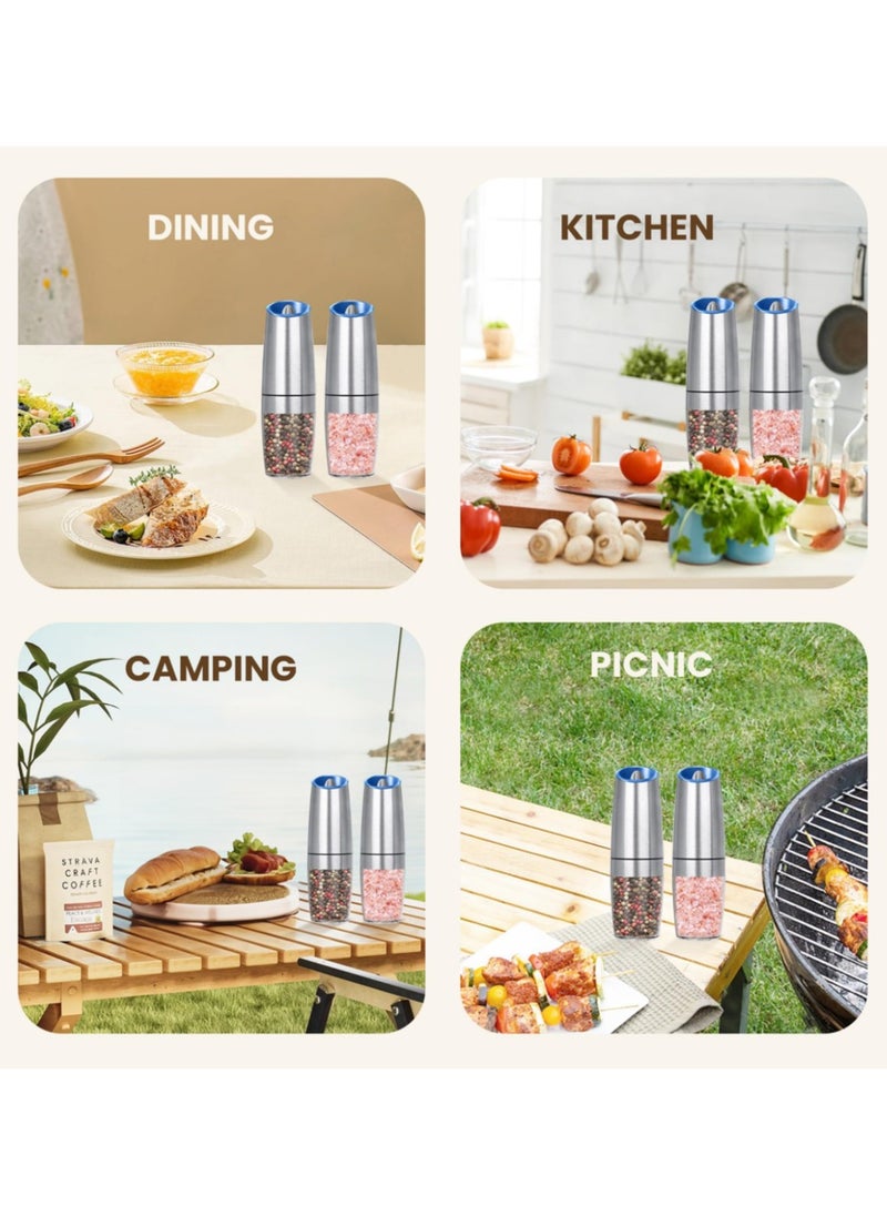 2 Pack Gravity Electric Salt And Pepper Grinder Set, Automatic Salt And Pepper Grinder Set, Battery Powered (6 AAA Batteries Each), Adjustable Roughness, LED Light,Silver