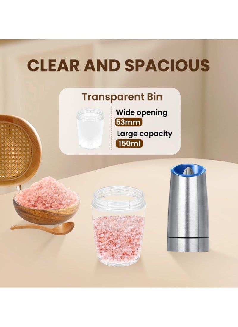 2 Pack Gravity Electric Salt And Pepper Grinder Set, Automatic Salt And Pepper Grinder Set, Battery Powered (6 AAA Batteries Each), Adjustable Roughness, LED Light,Silver