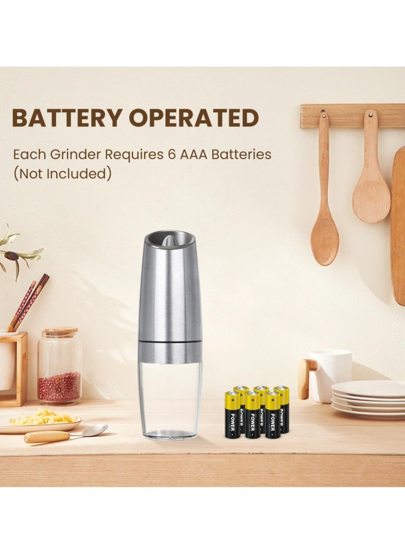 2 Pack Gravity Electric Salt And Pepper Grinder Set, Automatic Salt And Pepper Grinder Set, Battery Powered (6 AAA Batteries Each), Adjustable Roughness, LED Light,Silver