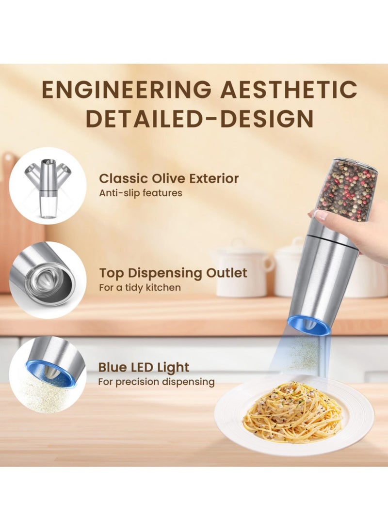 2 Pack Gravity Electric Salt And Pepper Grinder Set, Automatic Salt And Pepper Grinder Set, Battery Powered (6 AAA Batteries Each), Adjustable Roughness, LED Light,Silver