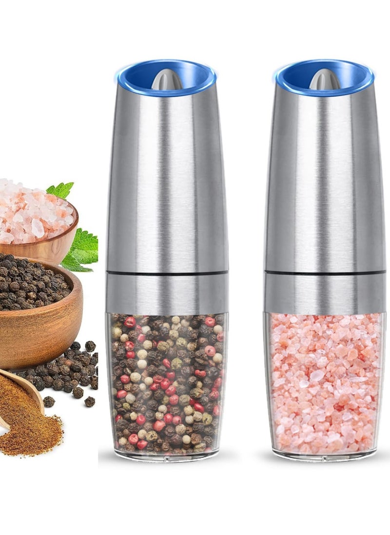 2 Pack Gravity Electric Salt And Pepper Grinder Set, Automatic Salt And Pepper Grinder Set, Battery Powered (6 AAA Batteries Each), Adjustable Roughness, LED Light,Silver
