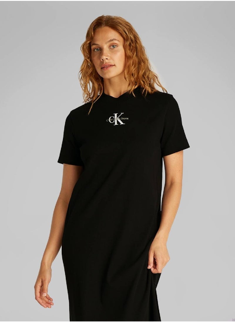 Women's Ribbed Maxi T-Shirt Dress - Cotton, Black