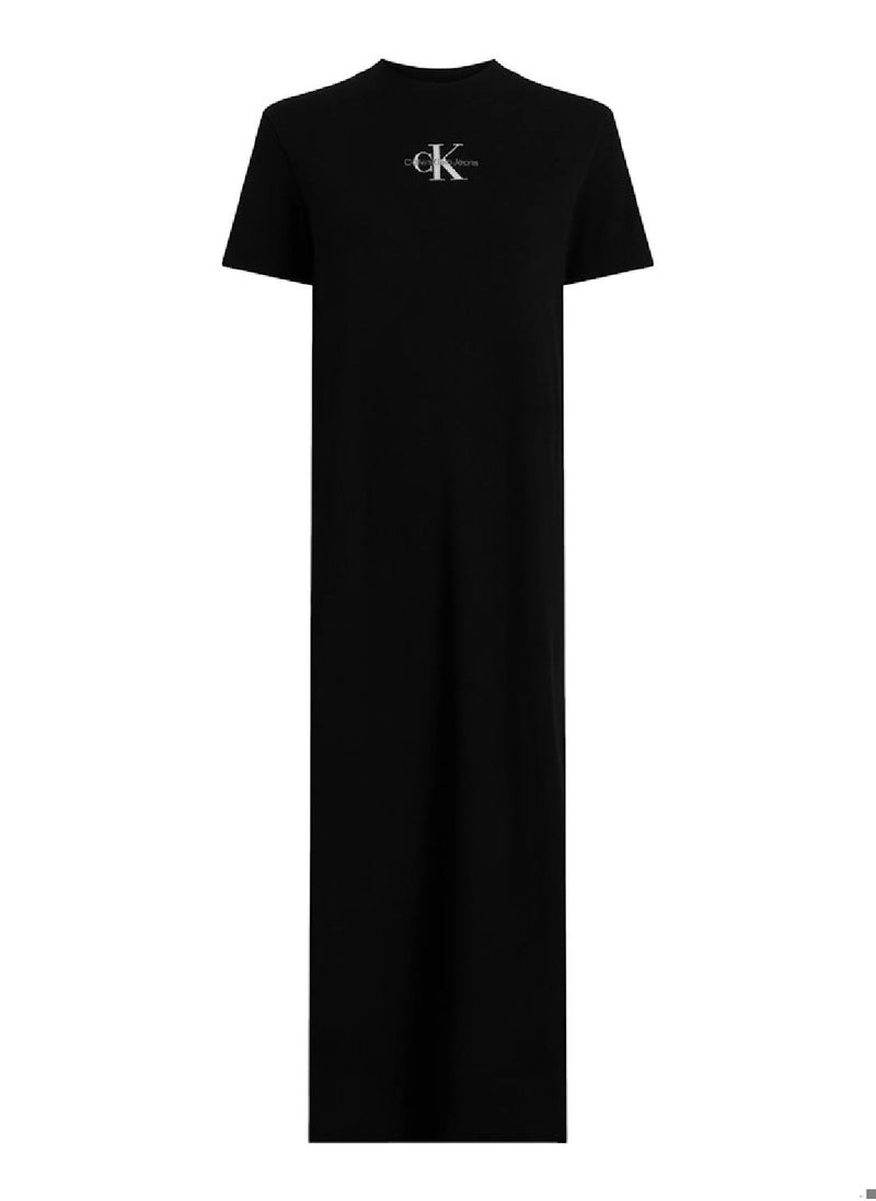 Women's Ribbed Maxi T-Shirt Dress - Cotton, Black