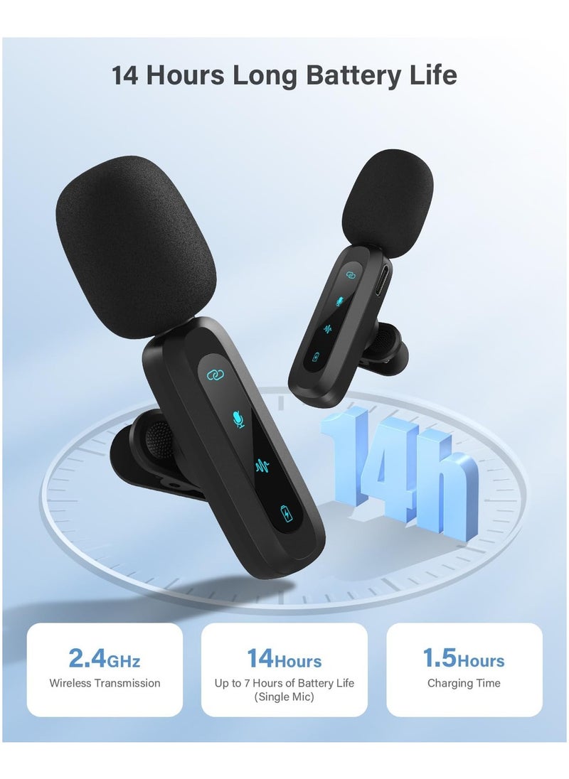 Wireless Lavalier Microphone for iPhone iPad Android Phone 2-Pack Mini Microphone with Noise Reduction Auto Pairing and Mute and Reverb for Vlogging Video Recording TikTok YouTube - Plug and Play