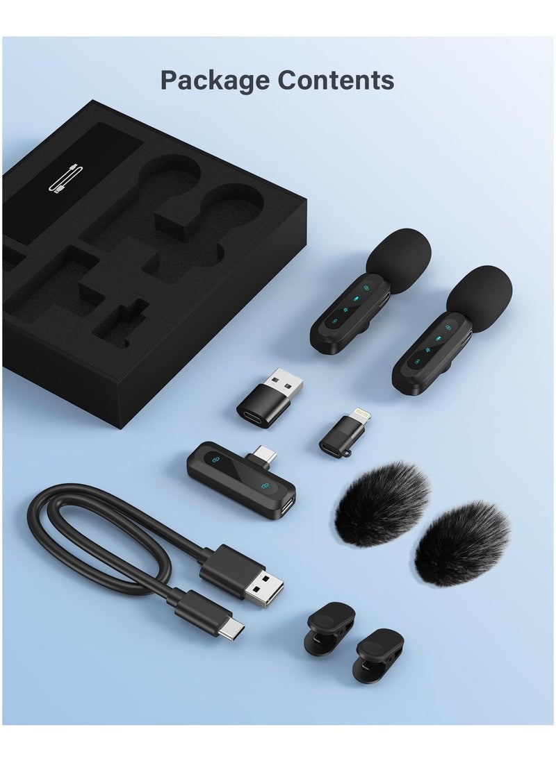 Wireless Lavalier Microphone for iPhone iPad Android Phone 2-Pack Mini Microphone with Noise Reduction Auto Pairing and Mute and Reverb for Vlogging Video Recording TikTok YouTube - Plug and Play