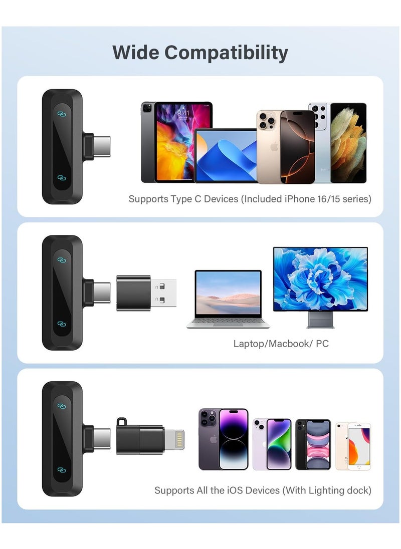Wireless Lavalier Microphone for iPhone iPad Android Phone 2-Pack Mini Microphone with Noise Reduction Auto Pairing and Mute and Reverb for Vlogging Video Recording TikTok YouTube - Plug and Play