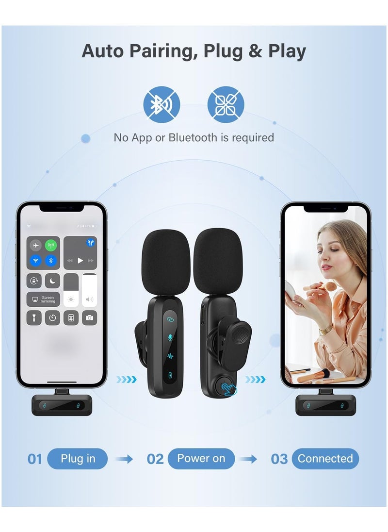 Wireless Lavalier Microphone for iPhone iPad Android Phone 2-Pack Mini Microphone with Noise Reduction Auto Pairing and Mute and Reverb for Vlogging Video Recording TikTok YouTube - Plug and Play