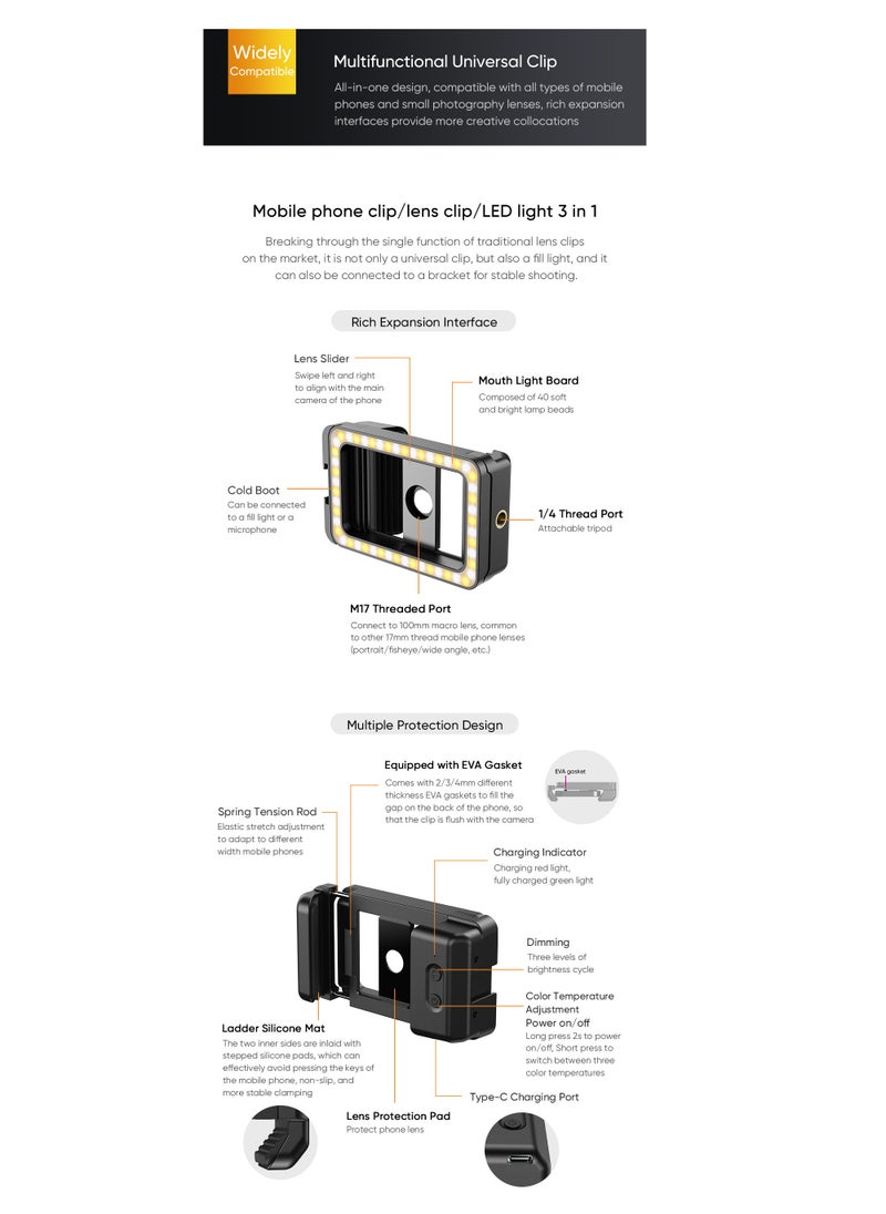 New Upgraded 4k HD 100mm macro lens With LED Fill Light Universal Clamp Micro Lenses for Samsung all smartphones