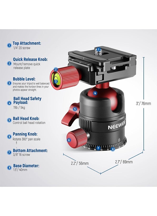 NEEWER Tripod Head, 360° Rotating Panoramic Ball Head with 1/4” Quick Shoe Plate for Tripod Monopod Slider DSLR Camera Camcorder, Max Load up to 5kg/11lb – GM28