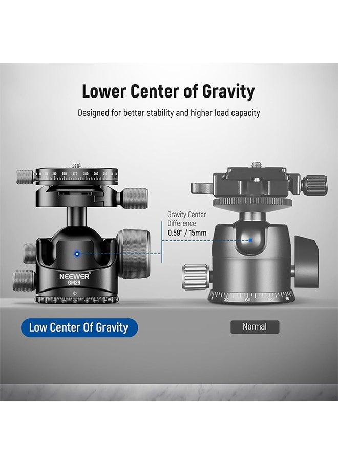 NEEWER Low Profile Ball Head, Heavy Duty Low Center of Gravity Tripod Head with Damping, Dual 360° Panorama Structure on Arca Plate & Base for Tripod Monopod Camera Camcorder, Max Load 55lb/25kg, GM29
