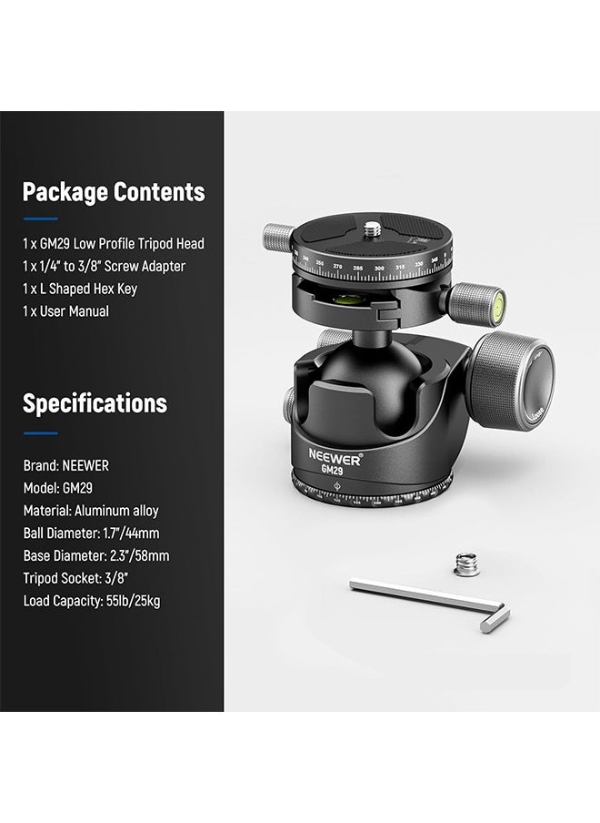 NEEWER Low Profile Ball Head, Heavy Duty Low Center of Gravity Tripod Head with Damping, Dual 360° Panorama Structure on Arca Plate & Base for Tripod Monopod Camera Camcorder, Max Load 55lb/25kg, GM29