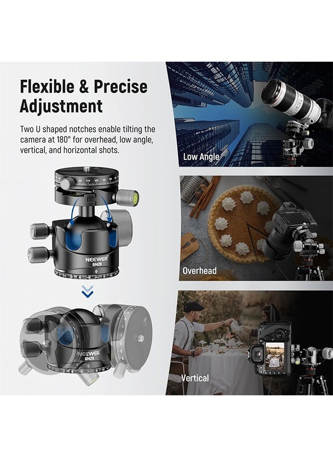 NEEWER Low Profile Ball Head, Heavy Duty Low Center of Gravity Tripod Head with Damping, Dual 360° Panorama Structure on Arca Plate & Base for Tripod Monopod Camera Camcorder, Max Load 55lb/25kg, GM29