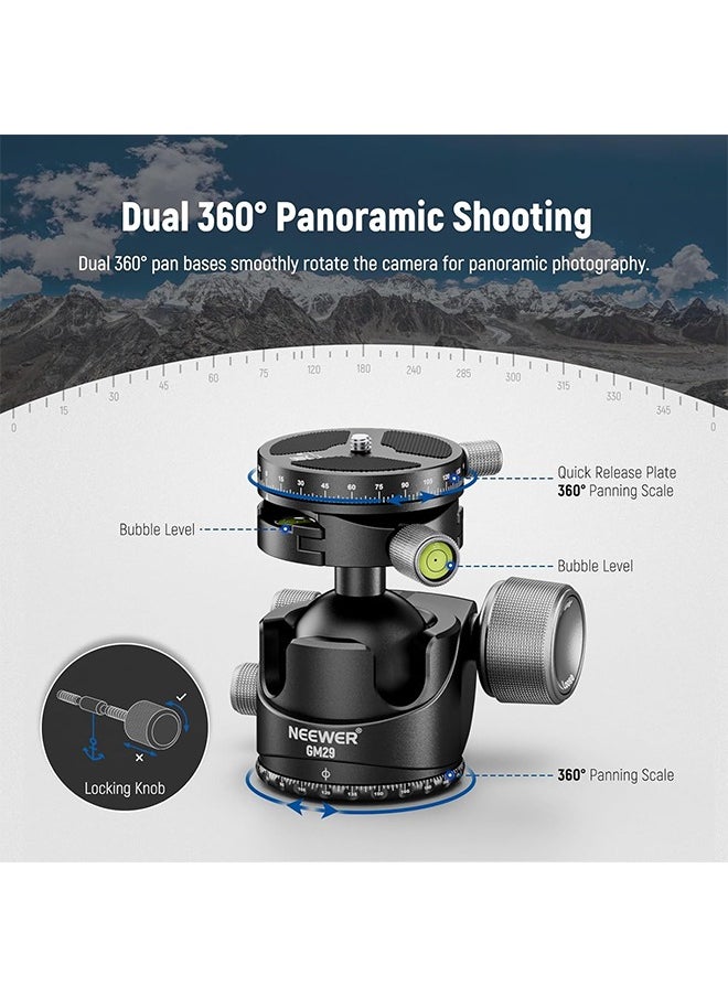 NEEWER Low Profile Ball Head, Heavy Duty Low Center of Gravity Tripod Head with Damping, Dual 360° Panorama Structure on Arca Plate & Base for Tripod Monopod Camera Camcorder, Max Load 55lb/25kg, GM29