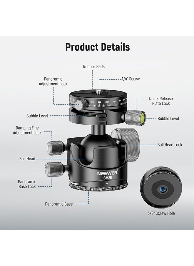 NEEWER Low Profile Ball Head, Heavy Duty Low Center of Gravity Tripod Head with Damping, Dual 360° Panorama Structure on Arca Plate & Base for Tripod Monopod Camera Camcorder, Max Load 55lb/25kg, GM29