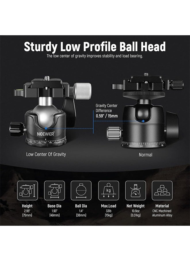NEEWER GM36 Low Profile Camera Tripod Ball Head, 36mm Metal Panorama Ball Head Compatible with Arca 1/4” Quick Release Plate for Tripod Monopod Slider DSLR, TL283 Camera Desk Mount Included