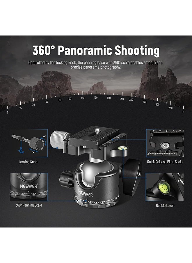 NEEWER GM36 Low Profile Camera Tripod Ball Head, 36mm Metal Panorama Ball Head Compatible with Arca 1/4” Quick Release Plate for Tripod Monopod Slider DSLR, TL283 Camera Desk Mount Included