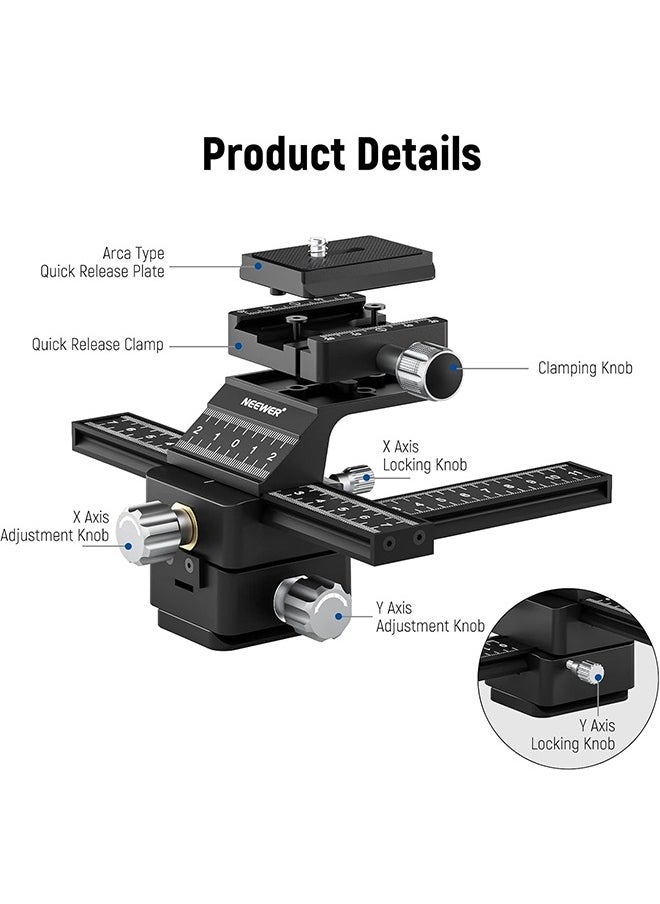 NEEWER 4-Way Macro Focusing Rail Slider with Quick Release Plate, 1/4”-20 Thread for Macro Photography and Close-Up Shooting, Compatible with Canon Nikon Fujifilm Sony DSLR Mirrorless Camera
