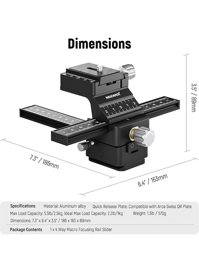 NEEWER 4-Way Macro Focusing Rail Slider with Quick Release Plate, 1/4”-20 Thread for Macro Photography and Close-Up Shooting, Compatible with Canon Nikon Fujifilm Sony DSLR Mirrorless Camera