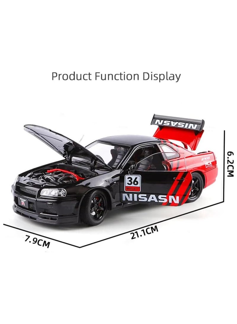 1/24 Nissan Skyline Ares GTR R34 Diecast Alloy Sports Car, Pull Back Car with Light and Sound Sports Race Car for Boys Age 3+ Year Old Gifts