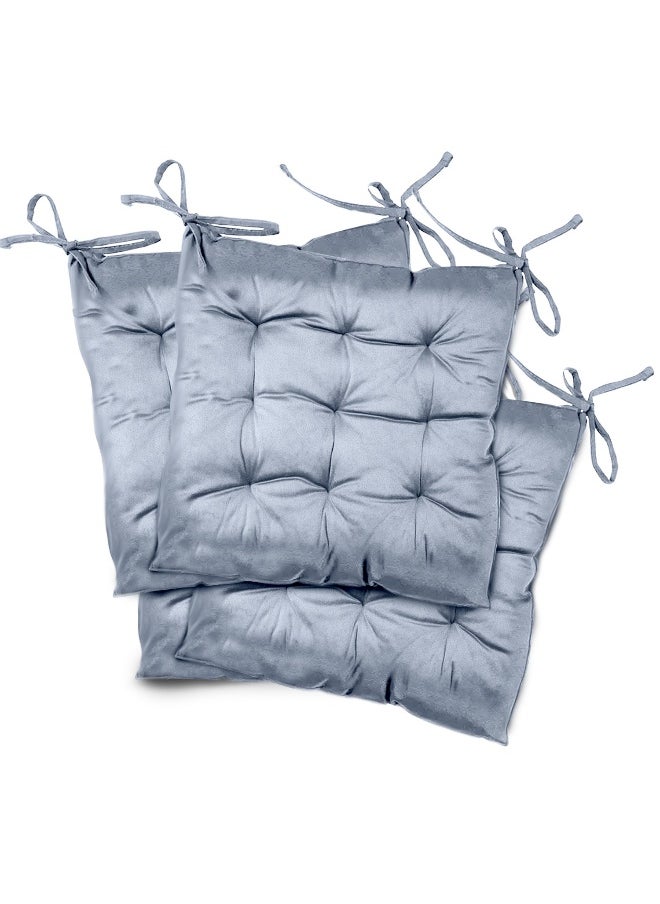 Pack Of 4 Velvet Soft Chair Pad With Seat Ties Suitable For Garden , Kitchen And Office Chairs Indoor And Outdoor Silver 40X40Cm