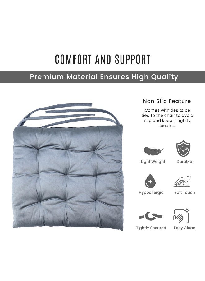 Pack Of 4 Velvet Soft Chair Pad With Seat Ties Suitable For Garden , Kitchen And Office Chairs Indoor And Outdoor Silver 40X40Cm
