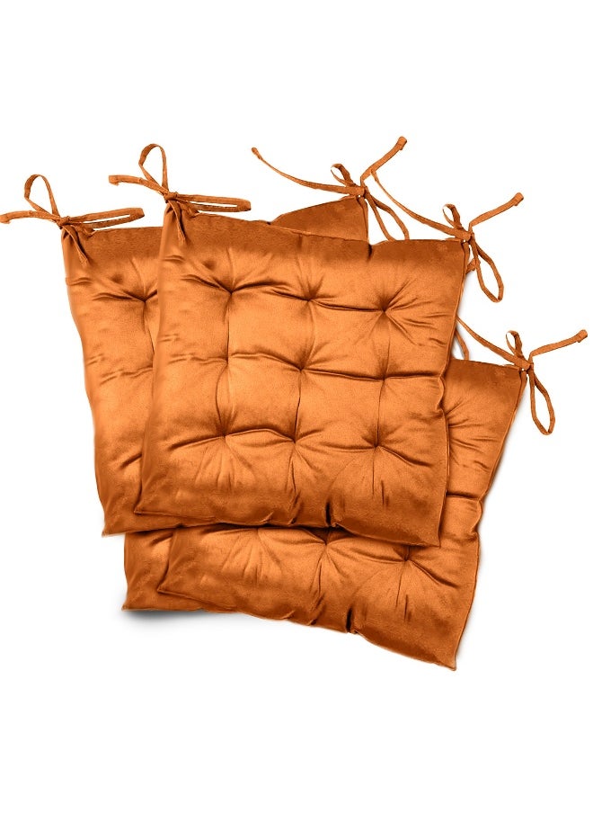 Pack Of 4 Velvet Soft Chair Pad With Seat Ties Suitable For Garden , Kitchen And Office Chairs Indoor And Outdoor Tan 40X40Cm