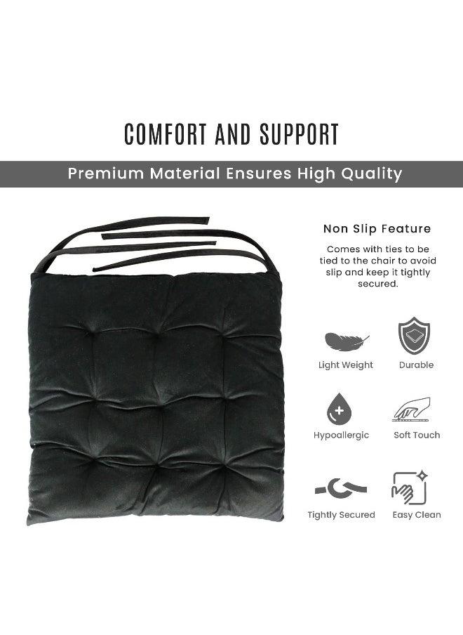 Pack Of 4 Velvet Soft Chair Pad With Seat Ties Suitable For Garden , Kitchen And Office Chairs Indoor And Outdoor Black 40X40Cm
