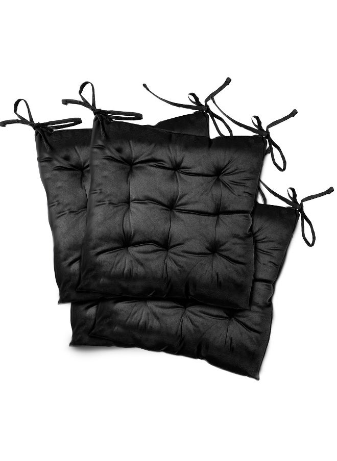 Pack Of 4 Velvet Soft Chair Pad With Seat Ties Suitable For Garden , Kitchen And Office Chairs Indoor And Outdoor Black 40X40Cm