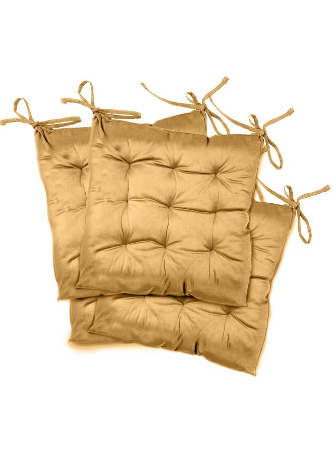 Pack Of 4 Velvet Soft Chair Pad With Seat Ties Suitable For Garden , Kitchen And Office Chairs Indoor And Outdoor Khaki 40X40Cm
