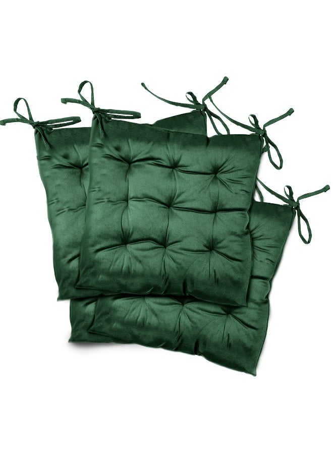 Pack Of 4 Velvet Soft Chair Pad With Seat Ties Suitable For Garden , Kitchen And Office Chairs Indoor And Outdoor Green 40X40Cm