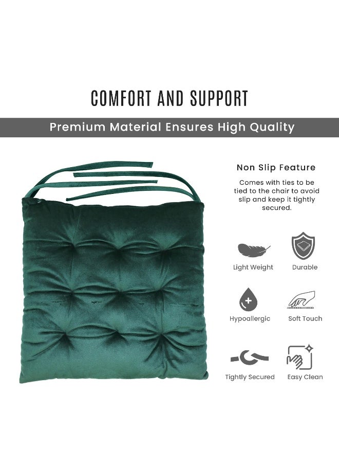 Pack Of 4 Velvet Soft Chair Pad With Seat Ties Suitable For Garden , Kitchen And Office Chairs Indoor And Outdoor Green 40X40Cm
