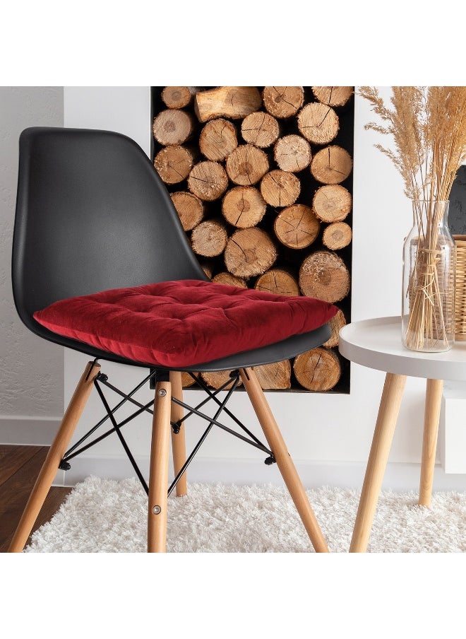 Pack Of 4 Velvet Soft Chair Pad With Seat Ties Suitable For Garden , Kitchen And Office Chairs Indoor And Outdoor Maroon 40X40Cm