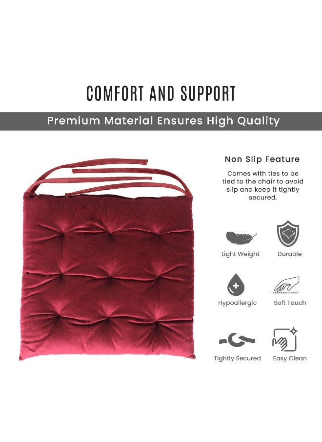 Pack Of 4 Velvet Soft Chair Pad With Seat Ties Suitable For Garden , Kitchen And Office Chairs Indoor And Outdoor Maroon 40X40Cm